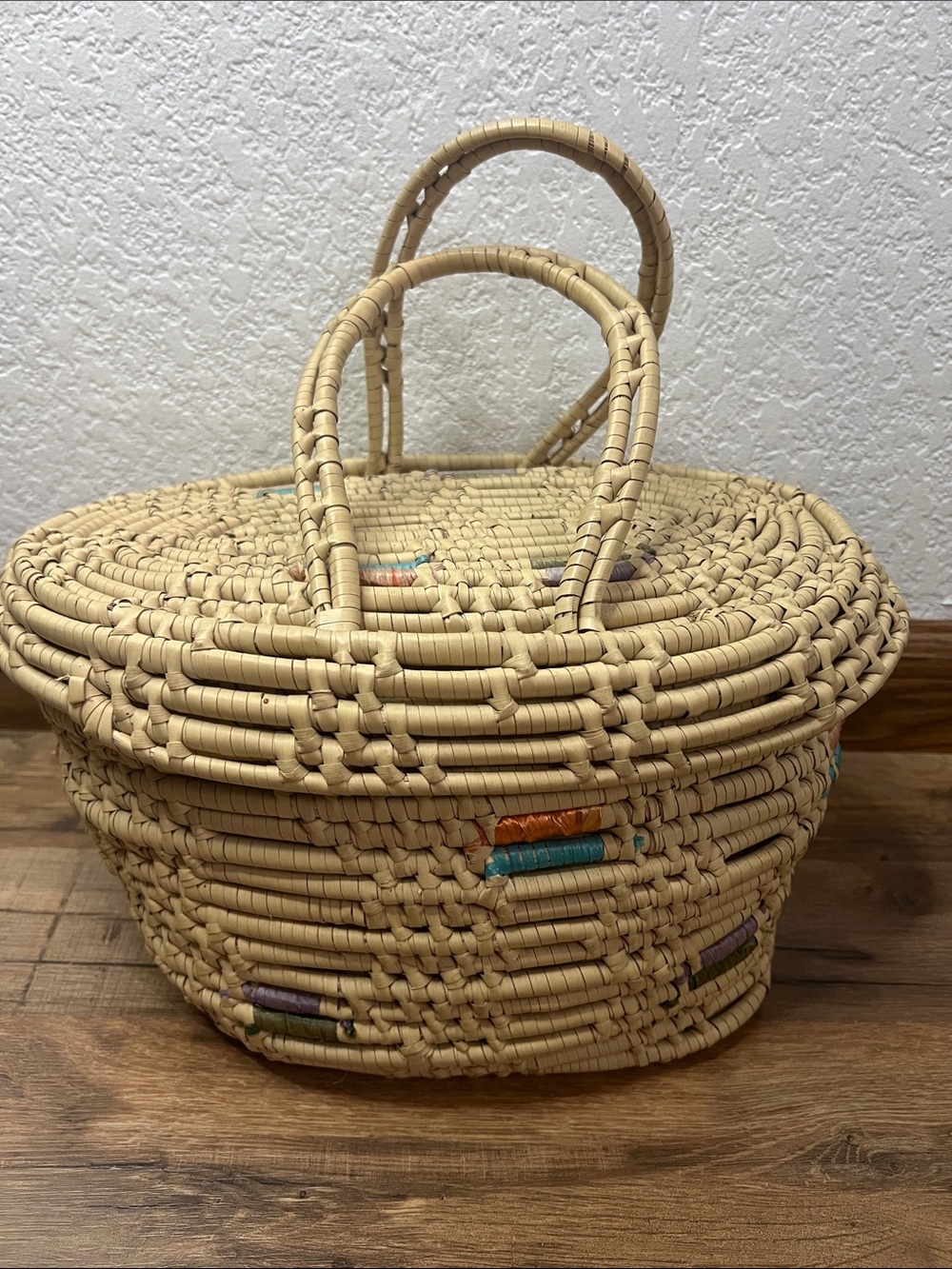 Vintage Boho Coiled/Wrapped Large Basket W/Lid & Color Magnificent Detail